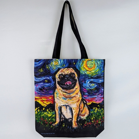 Tote Bag Fawn Pug Night By Aja Trier Poly Poplin Multicolor NWT - Picture 1 of 9